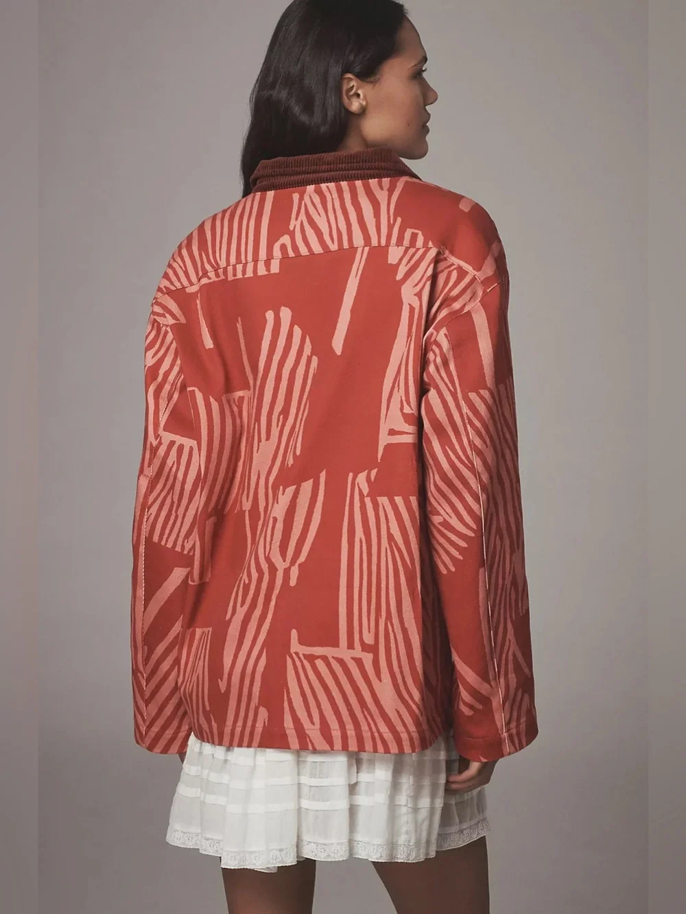 Anthropologie Bel Kazan Printed Eclectic Barn Chore Jacket Corduroy Collar Pink